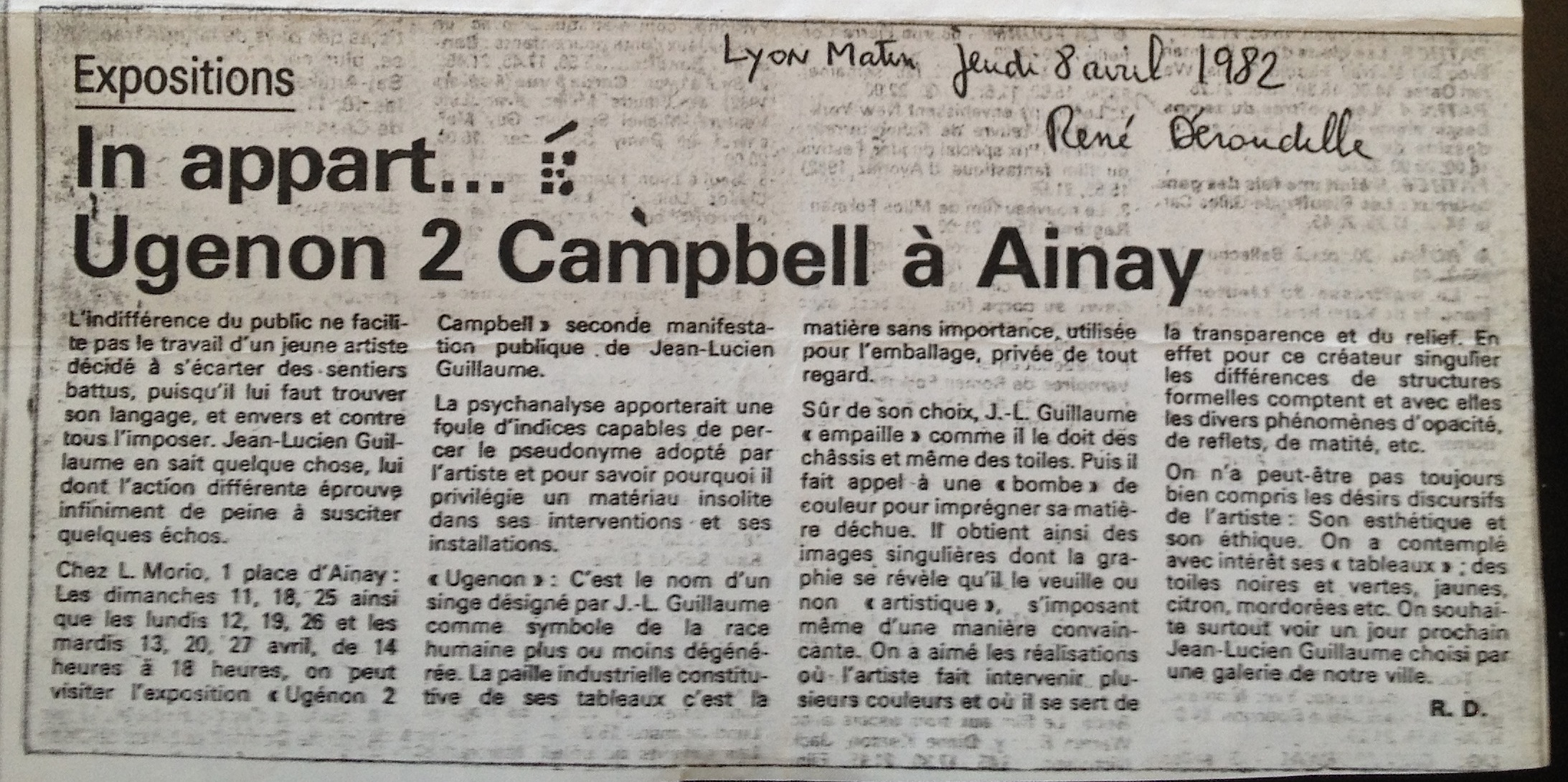 Réné Déroudille, Lyon Matin, 8/4/1982